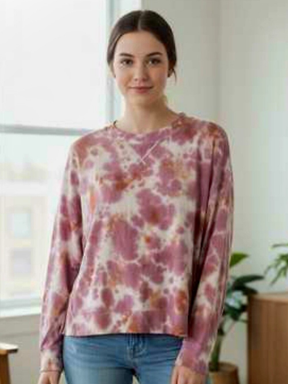 Joy Lab Tie Dye Pink Orange White Sweatshirt Slinky Stretchy JL Comfy Cozy Modal